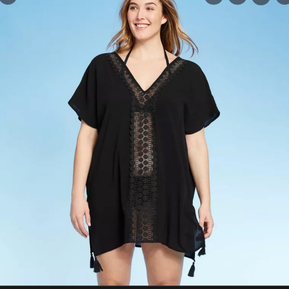 Kona Sol Black Crochet Insert Coverup Dress